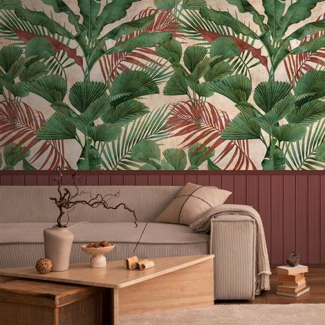 Fototapete Profhome 398081 heißgeprägte Vliestapete leicht strukturiert mit Dschungel-Design matt grün rot-braun beige 1,59 m x 2,8 m