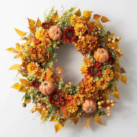 Couronne décorative orange 45 cm, fleurs d’hortensia, baies et citrouilles artificielles, couronne d’automne pour porte, mur, fenêtre, fêtes et mariage (1/5)