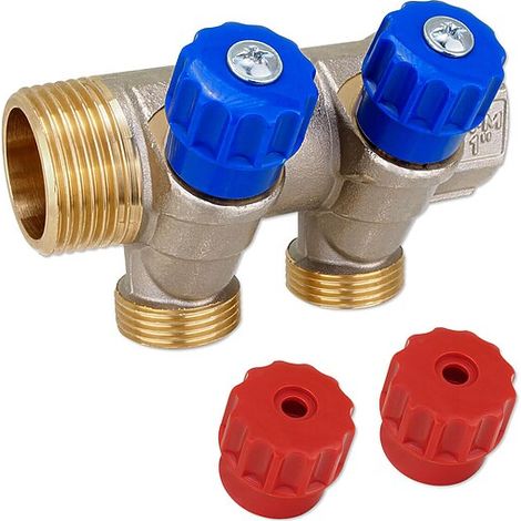 Messing-Verteiler 1''IG x 1''AG - 2 Abgänge Eurokonus 3/4''AG - mit Absperrventilen