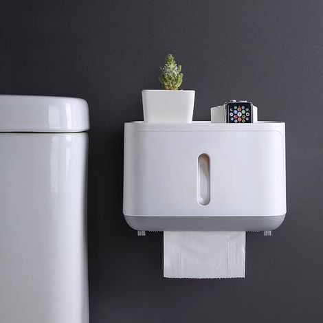 Toilettenpapierbox, Toilettenpapieraufbewahrung, Toilettenpapierhalter, Toilettenpapierbox, wandmontierte Toilettenpapierbox, wasserdichte Toilettenpapierrolle (kurz - grau) (1/5)