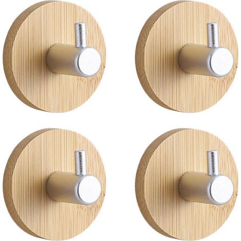 YMYNY Crochet Adhésif Crochet Mural Crochet Auto-adhésif Salle de Bain Cuisine Bureau Porte, 4 Pièces (Bambou et Acier Inox,Rond)Crochet droit pour planche de bois argenté