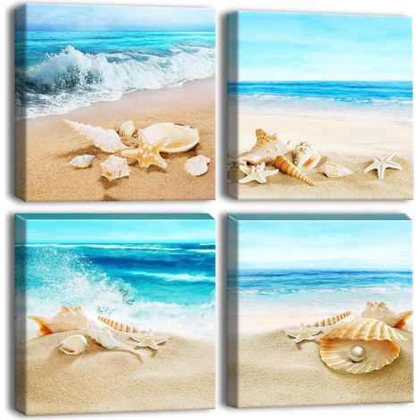 Leinwandbild 4teilig Badezimmer Wohnzimmer Strandmuscheln und Meer (1/5)