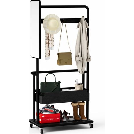 Robuster Kleiderständer aus Metall mit Rollen, 3-in-1-Design mit Korb und Spiegel, Kleiderbügel, mobiler Kleiderständer mit Rollen, geräumiger Garderobenständer, Schwarz, 7040170cm