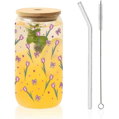 Tasses verre isothermes fleurs bleues papillon, couvercles + pailles, pour café glacé, cadeau Saint-Valentin/anniversaire (Fleurs1233) (1/5)