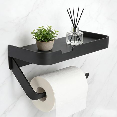 Porte-Papier Toilette avec étagère, Fixation Murale sans perçage Moderne en Aluminium Noir Porte-Rouleau de Papier Toilette Mural Robuste avec étagère pour téléphone Portable (1/5)