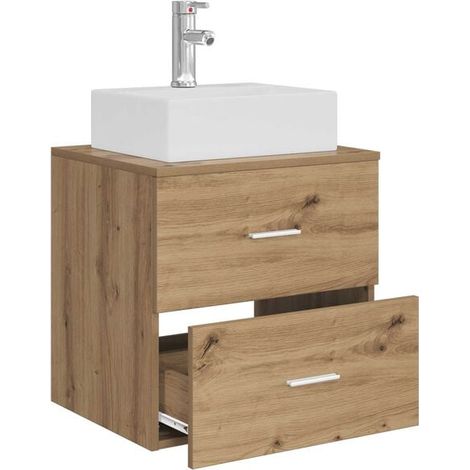 Meuble de Salle de Bain Mural en Chêne Massif 49,5 x 41 x 62,5 cm - Lavabo avec Rangements, Style Artisanal pour WC et Toilettes (1/5)