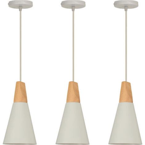 3X Suspension Luminaire Moderne Blanc, Abat-Jour En Métal Et Bois, Suspension Lustre Nordique Rétro, Ampoule Non Incluse (1/5)