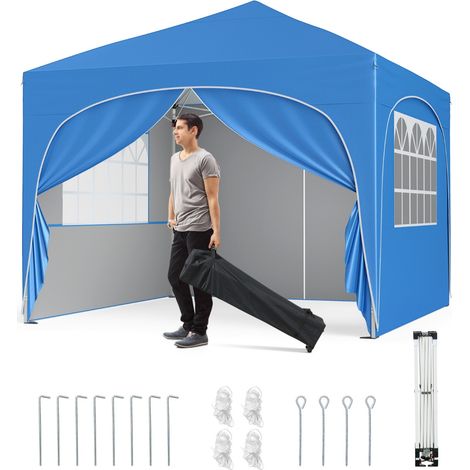 Tenda gazebo richiudibile con 4 pareti rimovibili 3x3 m borsa con ruote, Riparo sole da spiaggia pieghevole Blu