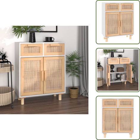 Credenza in pino - vidaXL Credenza Bianca 60x30x75 cm Legno Massello Pino Rattan Naturale - Credenza in rattan