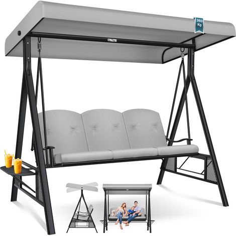 KESSER® Balançoire hollywoodienne avec toit solaire 3 places & coussin d'assise Balançoire de jardin jusqu'à 360kg Gris clair