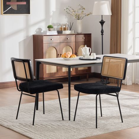 Lot de 2 chaises à manger en chenille sans accoudoirs. Cadre bois massif style rotin, pieds métalliques réglables, noir contemporain (1/5)