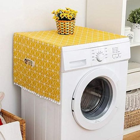 Housse anti-poussière multifonctionnelle en coton et lin avec sac de rangement latéral pour machine à laver jaune (1/5)