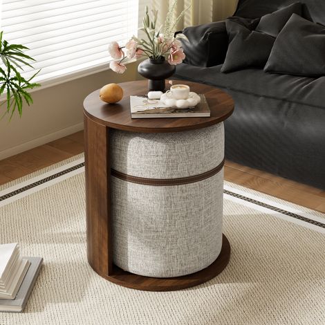 Table d'appoint avec tabouret rembourré gigogne - 38 x 38 x 47,5 cm - bout de canapé et table de chevet gain de place en mdf et pin style moderne - noyer (1/5)