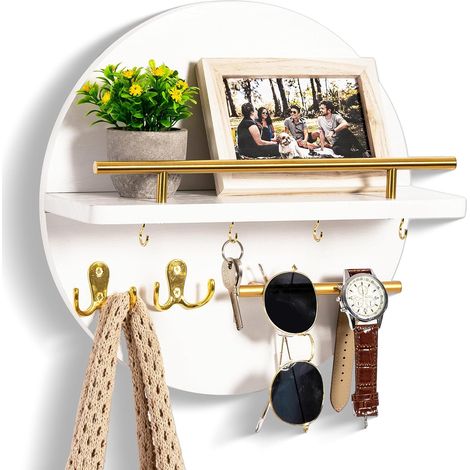 Porte-Clés Murale - Avec Étagère Flottante et Crochets Métalliques - Pour Entrée Bureau Cuisine Garage - Bois de Paulownia Naturel - Blanc (1/5)