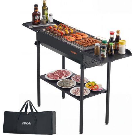 Barbecue au Charbon Pliable, Gril de Barbecue Pliant et Portable, Matériel pour BBQ Camping Jardin, Hauteur Réglable et Tablettes Latérales Rabattables, en Acier Thermolaqué Haute Température (1/5)