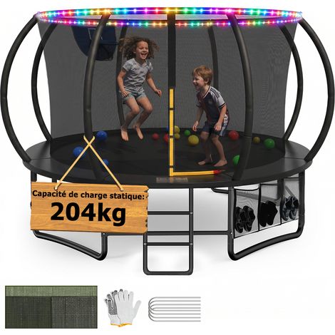 Trampoline extérieur ø 427 cm avec éclairage LED, capacité de charge 204kg, trampoline de jardin robuste pour enfants et adultes, avec panier de basket, sac de rangement, couverture de protection, éch