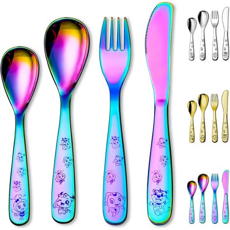 Arc-en-ciel Couvert 4 pièces, Acier inoxydable placage titainium de fourchette et de cuillère de sécurité pour adolescents, vaisselle à bord lisse miroir poli, sécurité lave vaisselle (1/5)