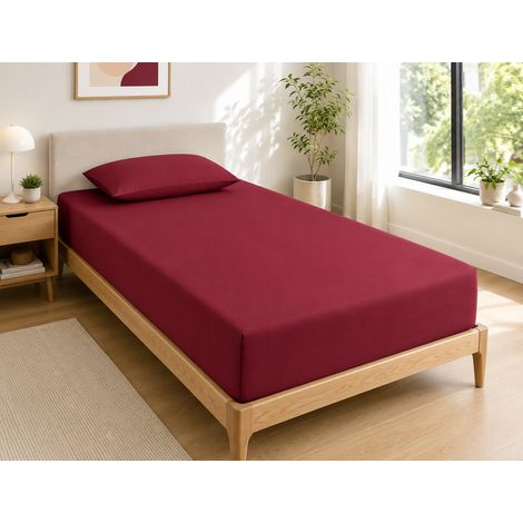 Drap Housse 90x190 cm 1 Place 100% Coton 57 Fils/cm² Bonnet 30 cm Grenat