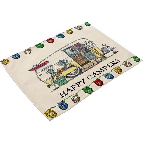 Set de table en coton et lin, design unique et écologique, motif camping caravane, dessin animé délicat, tapis de table réutilisable. (1/3)