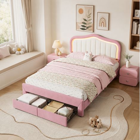Letto 2 posti 140x200 cm in velluto rosa con 2 cassetti e LED, senza materasso - CHICFURN (1/5)