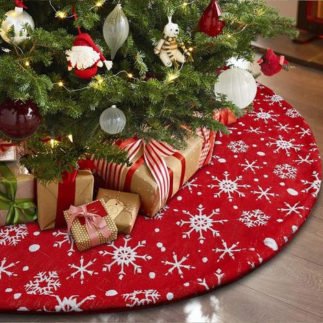 Tapis de sapin de Noël classique à motifs de flocons de neige, élégant design rétro rouge pour des fêtes de fin d'année réussies. Tissu en lin de haute qualité. (1/5)