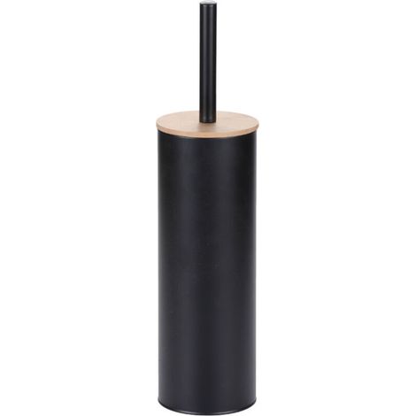 Brosse WC en métal avec couvercle en bambou – Noir – Élégante, 500 g, manche confortable, poils denses, couvercle en bambou pour une utilisation facile