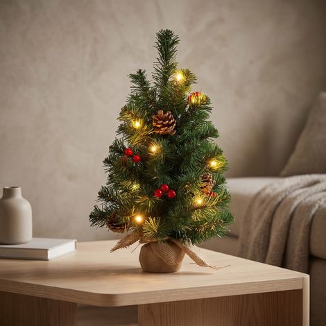 Albero di Natale 15 Luci Led Calde, con Pigne e Palline Rosse 45 cm