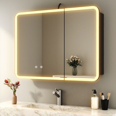 Schwarzer Spiegelschrank mit Beleuchtung 80x60 cm Spiegelschrank Bad mit Beleuchtung Badspiegel Schwarz Badezimmerschrank Hängeschränke Medizin Kabinett mit 3 Einstellbare Lichtfarben, Beschlagfrei, K (1/5)
