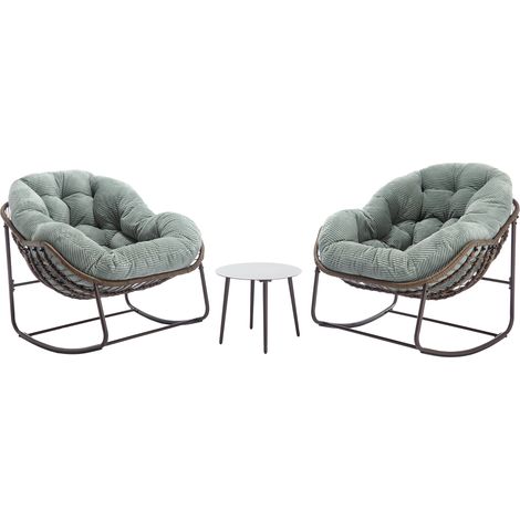 Poltrona a dondolo da esterno in rattan con cuscino verde, acciaio, 78 x 106 x 90 cm (1/5)