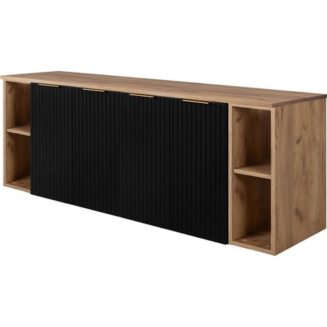 Furnidea - Meuble sous vasque suspendu FLOW NOIR 160 cm avec 2 x l'étagères - extensions et plan CHÊNE - 4 portes - façades rainurées (1/5)