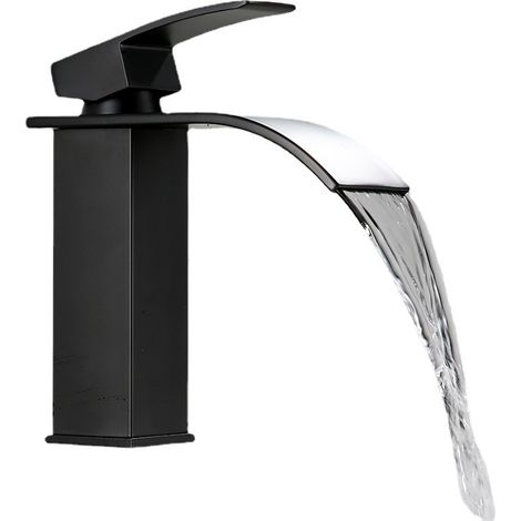 Robinet lavabo cascade chromé inox 304 – Mitigeur monotrou, cartouche céramique – Tuyaux antidéflagrants, économie d’eau-Modèle noir bas