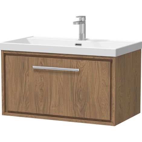 Longnor 1 Drawer Wall Hung Vanity Unit with 1 Tap Hole Thin Edge Basin, Antique Oak, 800mm