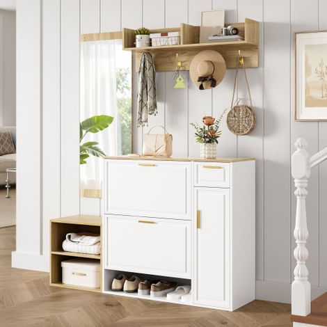 Ensemble vestiaire d'entrée 130x30x174cm - avec armoires à chaussure - avec miroir mural et porte-manteau - blanc