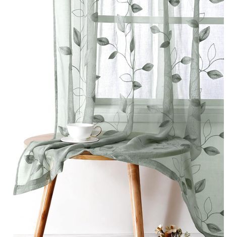 Rideaux, verts, 132 x 213 cm, 2 pièces, motif feuilles brodé, floral, rideaux voile semi-transparents (1/5)