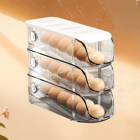 Lot de 3 boîtes à œufs empilables en plastique à roulettes pour réfrigérateur, idéales pour ranger les œufs blancs. (1/5)