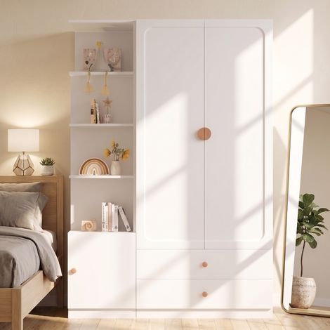 Armoire 200 cm, dressing multifonction avec 2 portes, 2 tringles, 2 tiroirs et poignées en bois massif, meuble de rangement chambre en MDF et acier, Blanc (1/5)