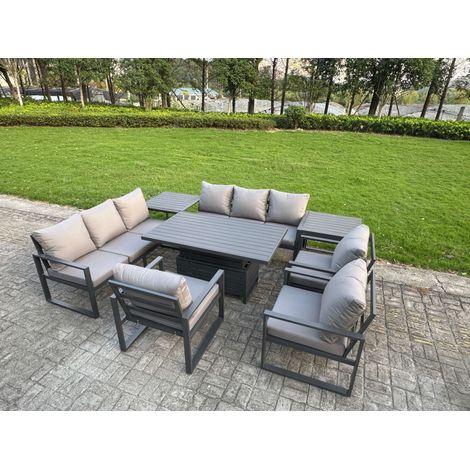 Fimous 8 Piece Garden Furniture Set 9-Seater Aluminium Outdoor Dining Set with Adjustable Rising Lifting Dining Table & Cushions 2 Side Tables 3 Chairs Dark Grey (1/5)