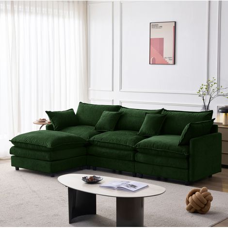 Ecksofa Chenille Grün, 3-Sitzer mit Hocker, modular, L-Form, abziehbare Bezüge (1/5)