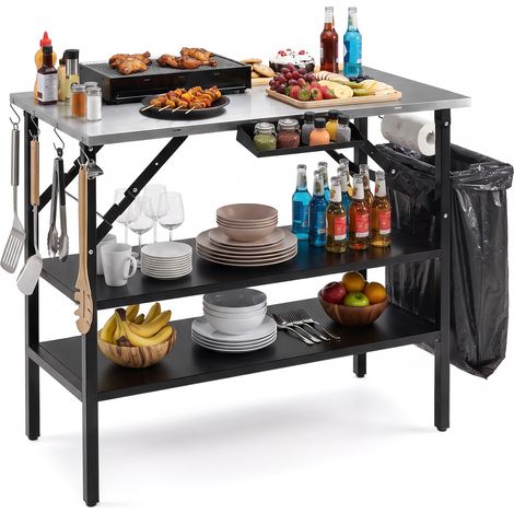 Table de Cuisson Plateaux Inox 91x51cm, Porte-Épices, Support Poubelle, Porte-Serviettes, Crochets, Décapsuleur, Charge 115kg (1/5)
