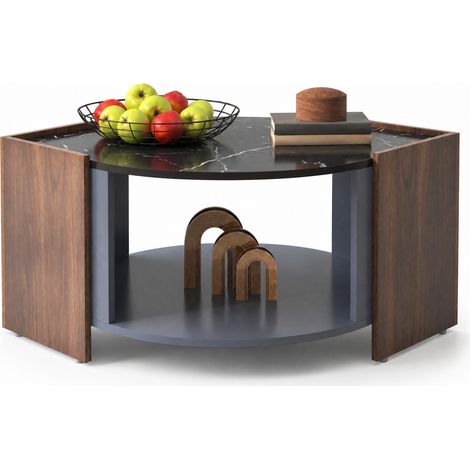 Mesa de centro con efecto mármol negro, tablero de partículas y acabado en madera oscura, con balda inferior y diseño elegante para salón moderno CHICFURN (1/5)