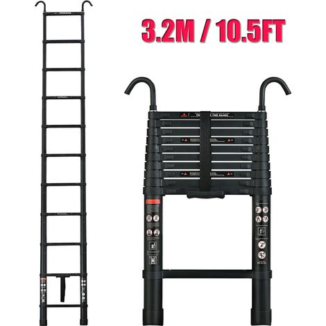 10.5FT Échelle télescopique de 3,2 m avec crochet, échelle à rallonge en aluminium, échelle pliante antidérapante, échelle polyvalente en aluminium de haute qualité avec rétraction à un bouton, capaci