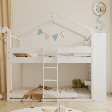 Lit Superposé 90x200cm - Avec Rangements au Chevêt - Pour Enfant, Chambre - Blanc (1/5)