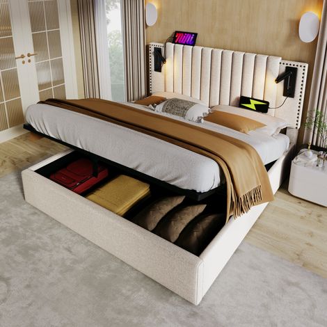 Cama con espacio de almacenamiento de algodón beige 140x200 cm, somier de láminas, cabecero ajustable con luz de lectura y USB (1/5)
