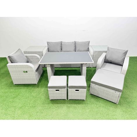 Fimous Outdoor Rattan Garden Furniture Dining Set 8-seater Patio Rectangular Table 3 Seater Sofa Reclining Chair Set with 2 Side Tables 3 Stools (1/4)