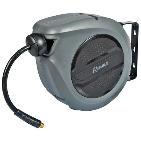 Ribimex – Dévidoir automatique pour tuyau d'air 9m – Raccords mâles 1/4'' sertis – Pression max 8 bars – Enroulement automatique par ressort spiralé