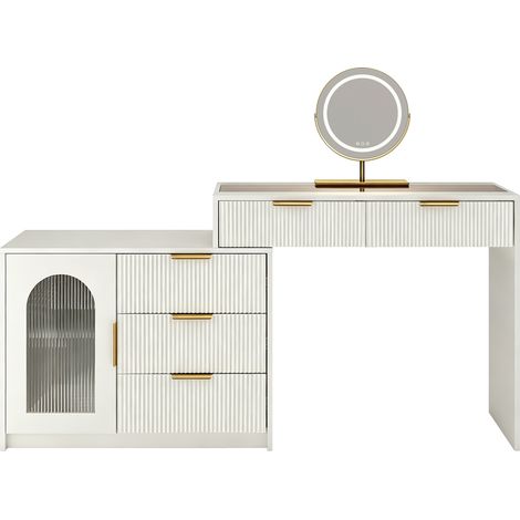 Coiffeuse moderne blanche avec plateau en verre, miroir LED réglable, 75x90-160x40 cm (1/5)