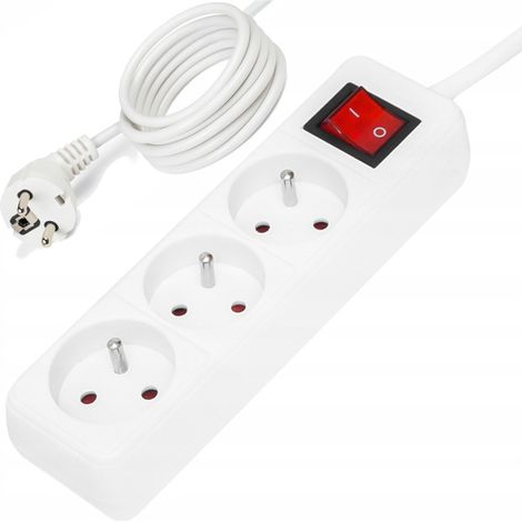 Cable alargador, regleta, interruptor, 3 enchufes, 5 metros, blanco, con toma de tierra. (1/5)
