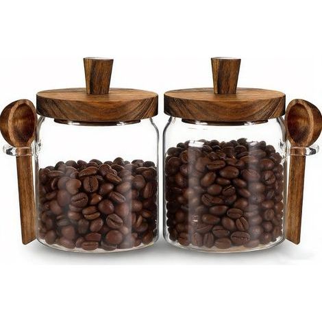 Boîtes à épices en verre - Boîte à café - Boîte de rangement pour café - Boîtes à épices - Avec cuillère en bois et couvercle - Hermétiques - Format compact - Pour épices, thé, sucre et fruits secs - (1/5)