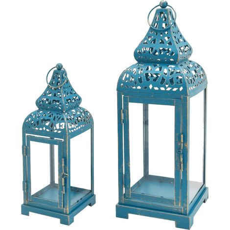 Rebecca Mobili Juego de Farolillos Portavelas Azul Metal Pvc 39x14,5x14,5
