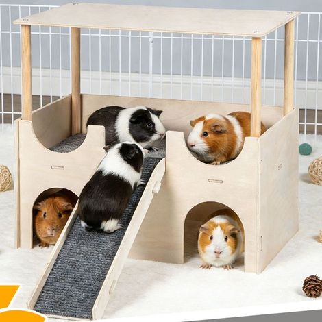 Château cachette pour Cochon d'Inde, Maison en Bois avec 1 escaliers, Accessoires pour Hamsters, Lapins, hérissons, Jouant à la cachette, Assemblage Facile (1/4)